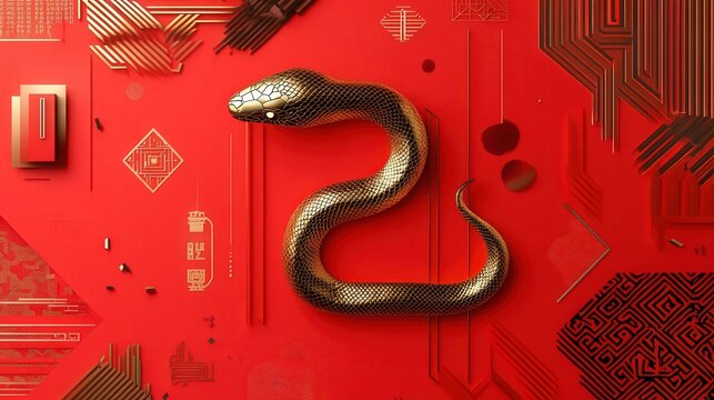 A modern Chinese New Year 2025 greeting card with a sleek gold snake silhouette layered over intricate geometric patterns,