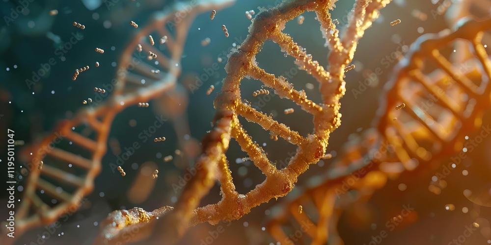 Poster digital rendering of dna double helix with particles