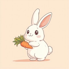 Fototapeta premium Cute white bunny holding carrot; pastel background; Easter greeting card