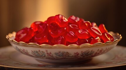 A vibrant bowl filled with red jelly candies, elegantly placed on a decorative plate, set against a softly lit background, perfect for a sweet treat display