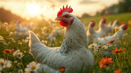 White Hen in a Field of Flowers for Farm and Rustic Nature Themes