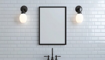 Sleek and modern bathroom featuring a canvas frame mockup on a white tiled wall with elegant fixtures