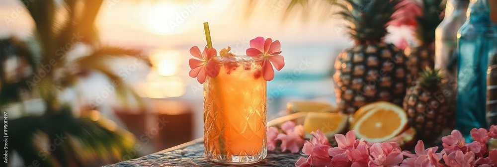 Poster summer picnic with tropical drinks and fresh pineapples in a vibrant beach setting during golden hou