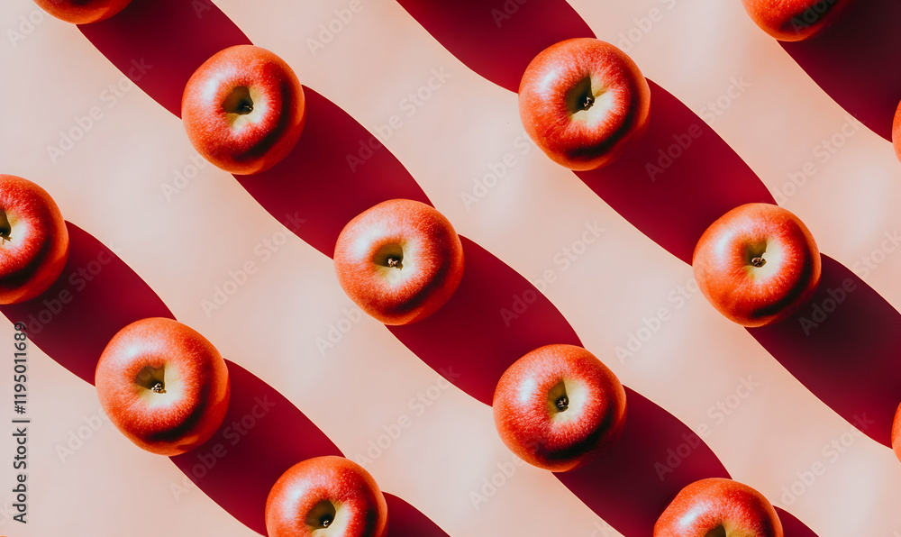 Poster vibrant red apples arranged in a stylish diagonal pattern against a peach background, creating a fre