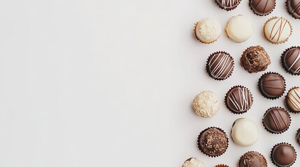Fototapeta premium Close-up top view of assorted chocolates arranged on a clean white background, perfect for food-themed designs, ample copy space