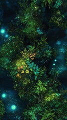 Magical enchanted forest at night. Glowing fireflies illuminate a mystical stream flowing through lush green foliage. Fantasy nature scene.