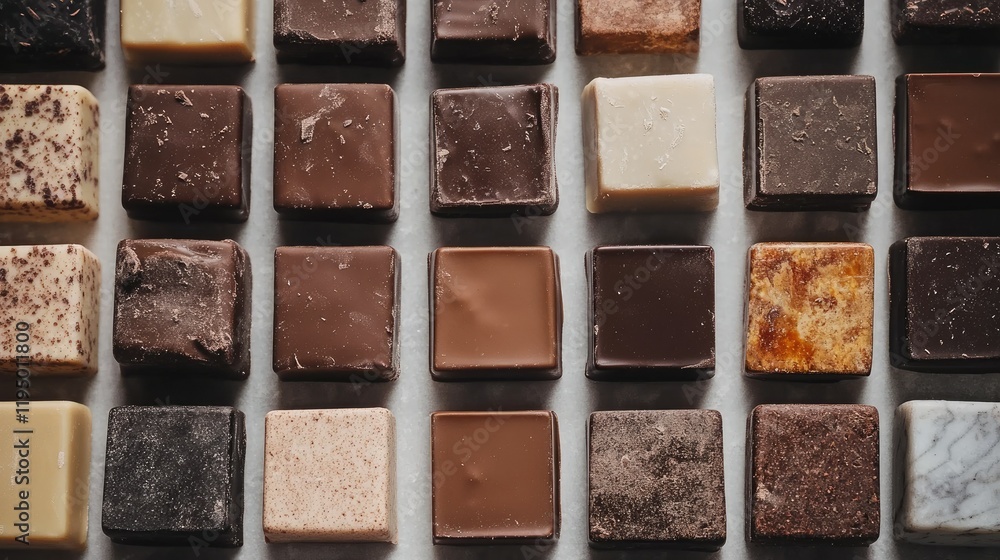 Poster close-up top view of chocolate squares with varying textures, clean and minimalist design with space
