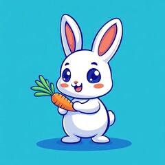 Fototapeta premium Cute bunny holding carrot, happy expression, blue background, children's illustration
