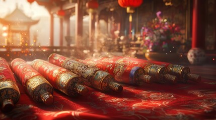 A peaceful Chinese New Year scene with firecrackers neatly arranged on a red silk cloth.