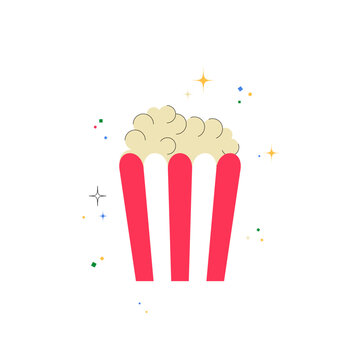Popcorn Tub With Sparkles In Flat Vector Illustration Symbolizing Entertainment, Movies, And Snacks, Isolated On White Background