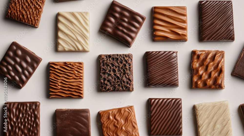 Poster close-up top view of chocolate squares with varying textures, clean and minimalist design with space
