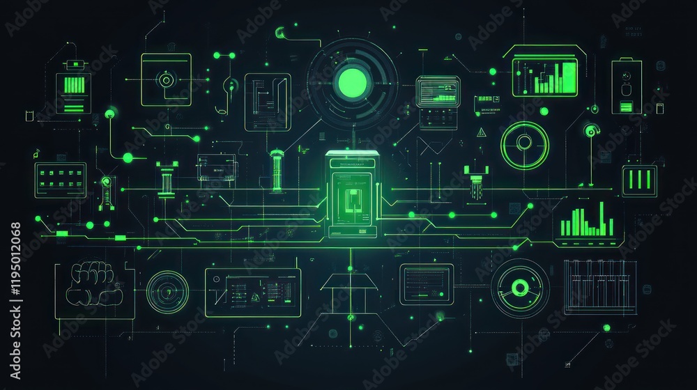 Poster futuristic green digital network interface with central data hub.