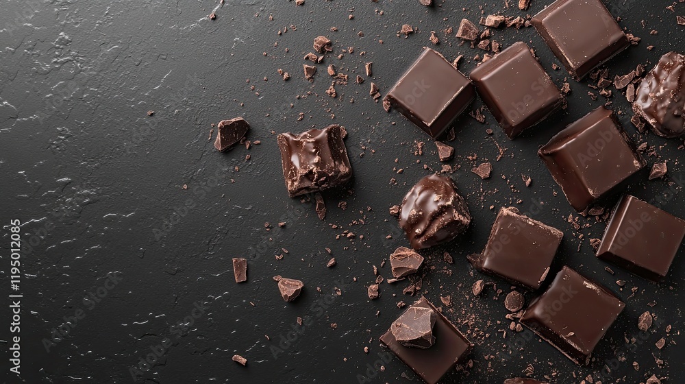 Poster chocolate pralines with textured and glossy coatings randomly scattered on a dark surface.