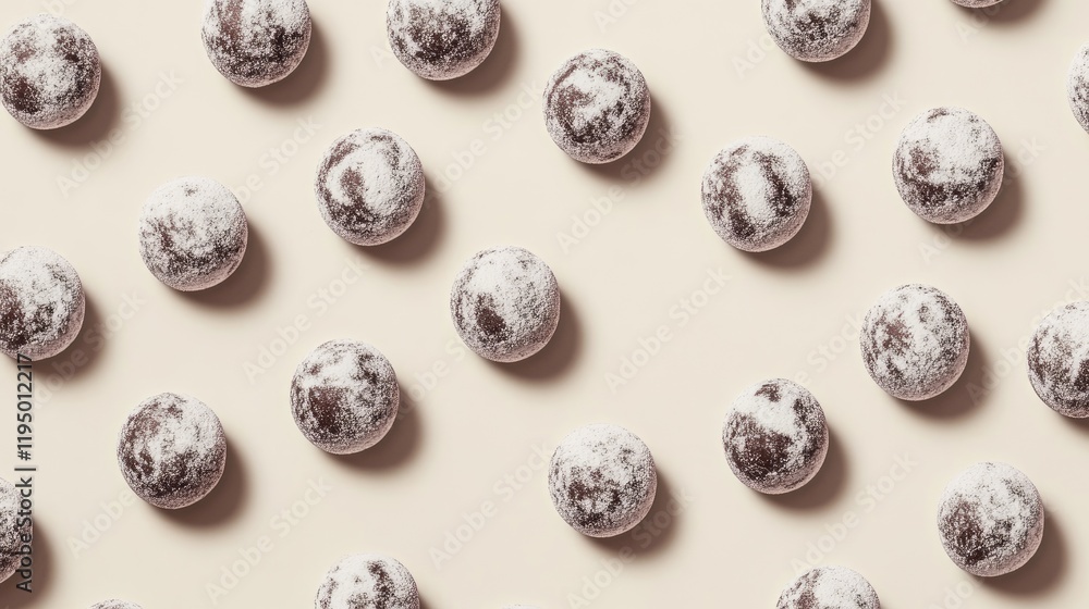 Poster chocolate truffles with cocoa and powdered sugar coatings placed randomly on a neutral background.