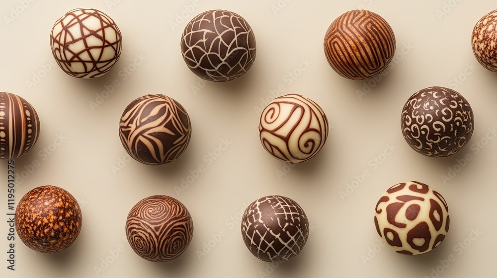 Aufkleber chocolate truffles with intricate patterns and fillings artistically arranged on a pale backdrop.