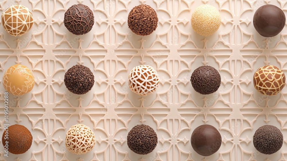 Aufkleber chocolate truffles with intricate patterns and fillings artistically arranged on a pale backdrop.