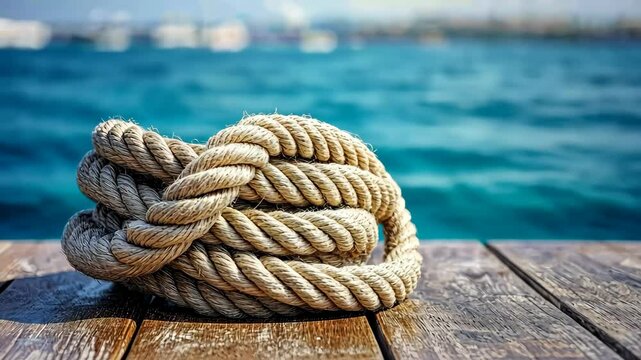 A coiled rope rests on a wooden dock as calm blue waves ripple in the harbor, creating a peaceful nautical atmosphere