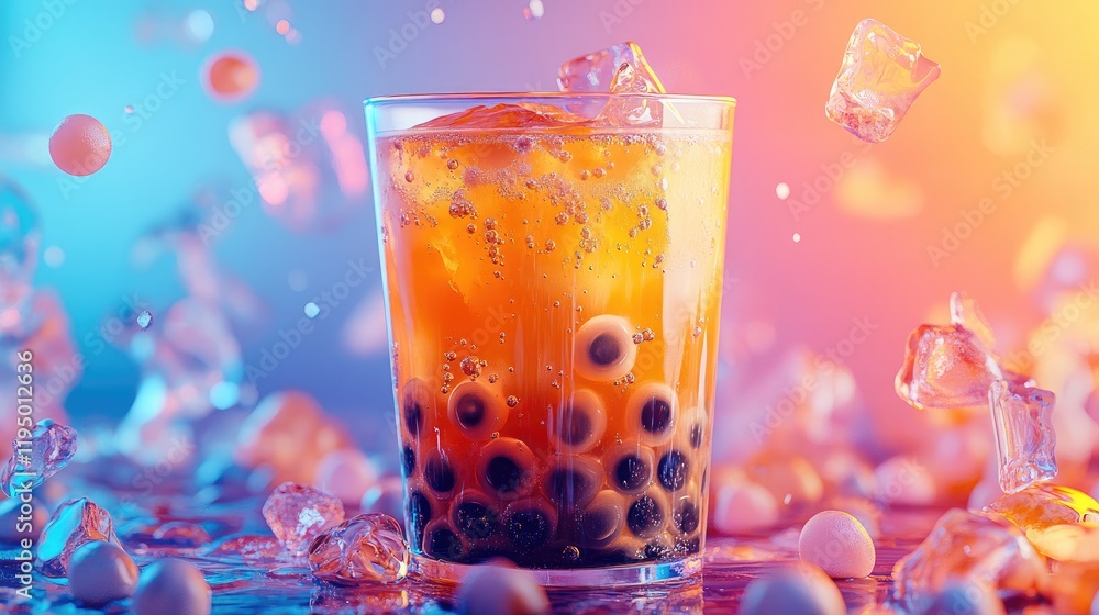 Poster a vibrant image of a refreshing caramel bubble tea in a clear cup with tapioca pearls, perfect for a