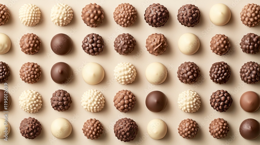 Aufkleber chocolate truffles with intricate patterns and fillings artistically arranged on a pale backdrop.