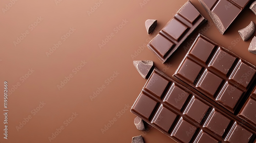 Poster dark chocolate bars stacked on one side of the image, with smooth brown background for copy space.