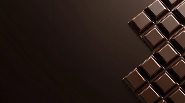 Dark chocolate bars stacked on one side of the image, with smooth brown background for copy space.