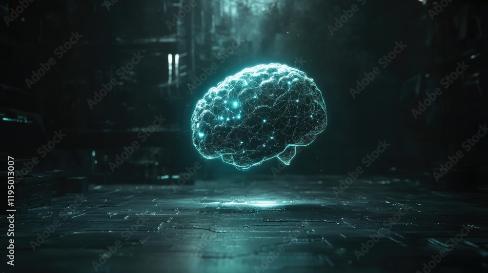 Poster conceptual glowing ai brain with neural network visuals on dark futuristic background, room for text