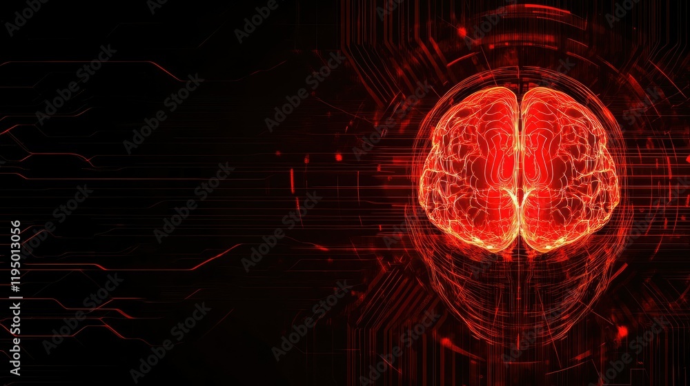 Poster conceptual glowing ai brain with neural network visuals on dark futuristic background, room for text
