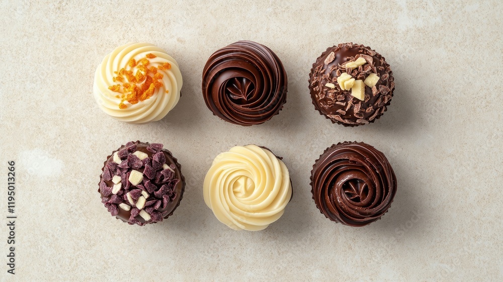 Poster flat lay of assorted chocolate bonbons with swirls and toppings on a neutral-colored surface.
