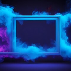 Abstract blue Neon light  3d Frame with Colorful Smoke Background