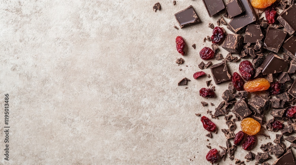 Poster flat lay of chocolate chunks with dried apricots and cranberries, arranged on a soft beige surface w