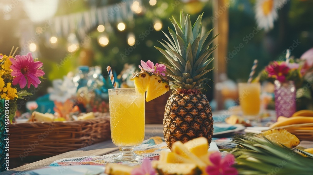 Poster enjoy summer vibes with tropical drinks and fresh pineapples at an outdoor picnic gathering. generat