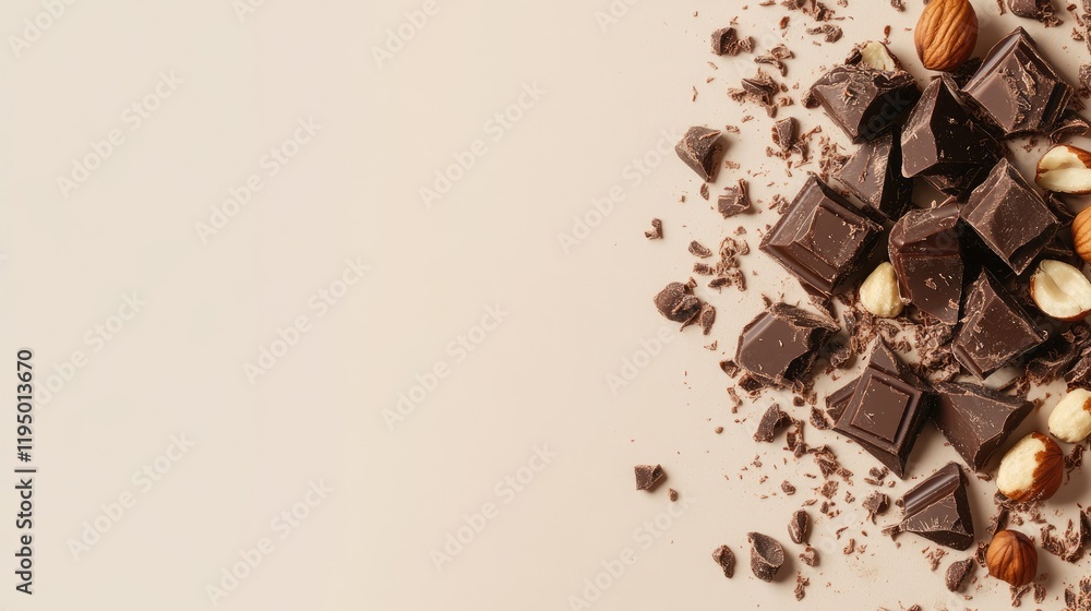 Aufkleber flat lay of dark chocolate chunks mixed with hazelnuts on a light beige background, styled asymmetri