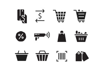 icon set of shopping,shopping cart,barcode,scanning,shopping bag,basket,tag,discount and etc. Thin line icons flat vector illustrations isolated on white background
