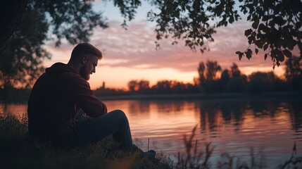 Man sitting on the seashore watching the sunset. He is sitting on the sand. The sea is calm

