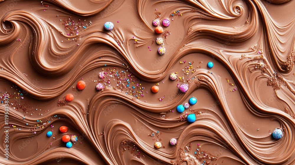 Poster flat lay of handcrafted chocolates with swirls and vibrant toppings on a light cream surface.