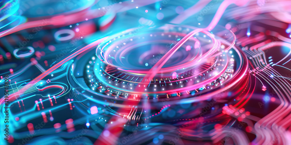 Poster abstract digital circuitry mechanism with glowing lines