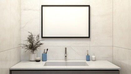Sleek bathroom with a canvas frame mockup above a modern sink and tile finishes