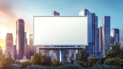 Obraz premium Modern Cityscape With Empty Billboard, Skyscrapers, And Sunset, Ideal For Advertising
