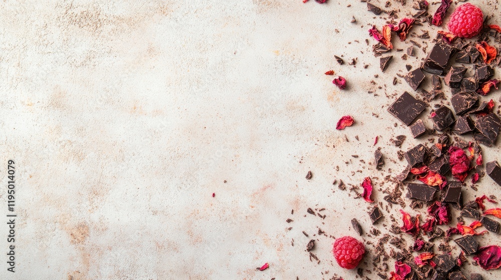 Aufkleber flat lay of ruby chocolate chunks scattered with dried raspberries on a soft cream surface, styled e