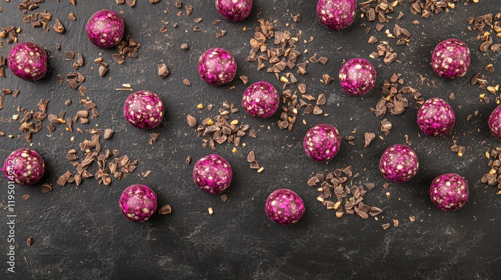 Poster flat lay of ruby chocolate truffles and cacao nibs scattered on a dark slate surface, styled with a 