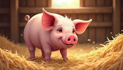 Cartoon-style content pig in a clean barn filled with straw