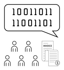 Binary code inside speech bubble five person icons, two invoice sheets with dollar coin. Ideal for business communication, coding, teamwork, billing, technology, finance, data exchange. Line