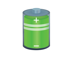 Green cylinder recharging battery cell icon with bolt, plus, minus symbol