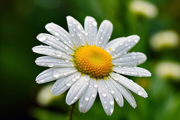 Fototapeta premium A fresh daisy adorned with dew captures the essence of morning in lush green surroundings