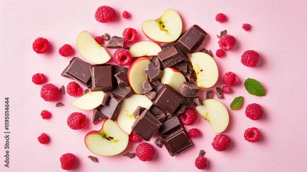 Poster gourmet chocolate chunks with sliced apples and raspberries on a soft pink background, creating an e