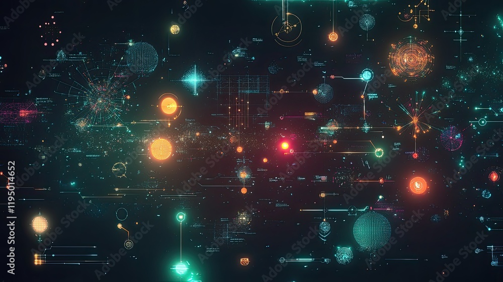 Poster digital representation of ai-driven analytics with graphs, data flow, and technology-inspired icons 