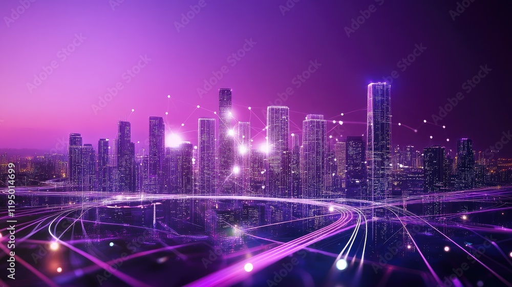 Aufkleber digital night city with purple glow and dynamic data-inspired lights creating a mesmerizing abstract