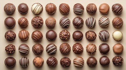 Gourmet chocolate truffles dusted with cocoa powder and sugar, artistically arranged on a neutral beige surface.