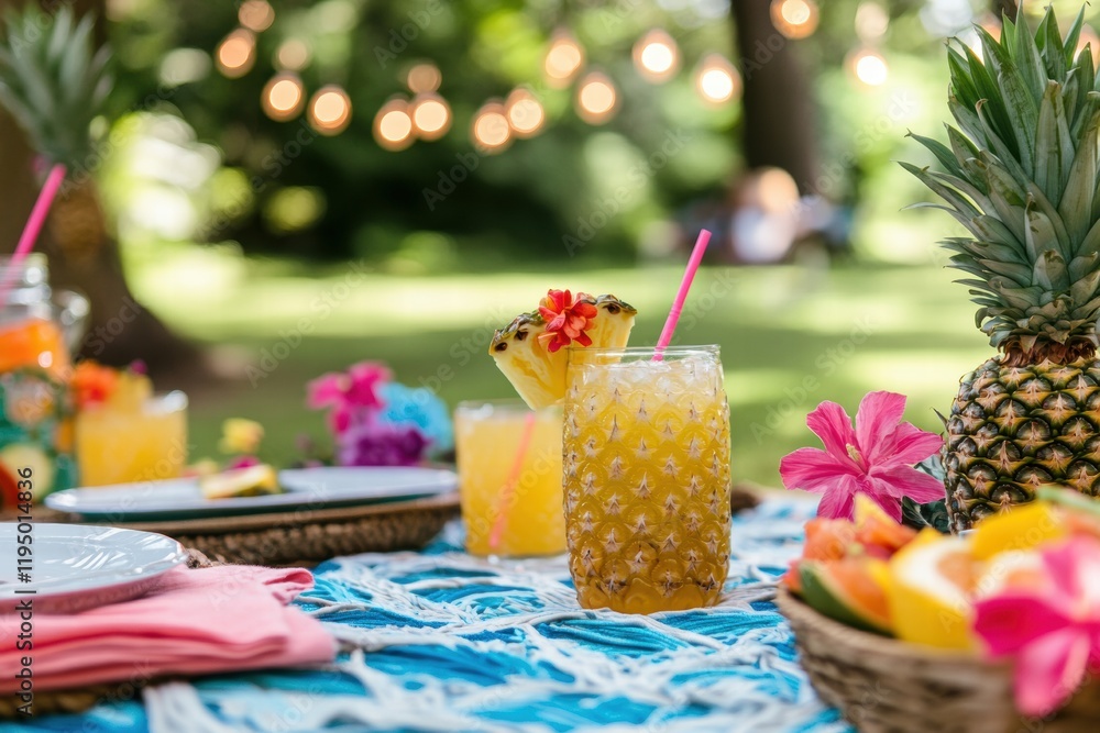Poster enjoying tropical drinks and fresh pineapples at a summer picnic in a lush green garden. generative 