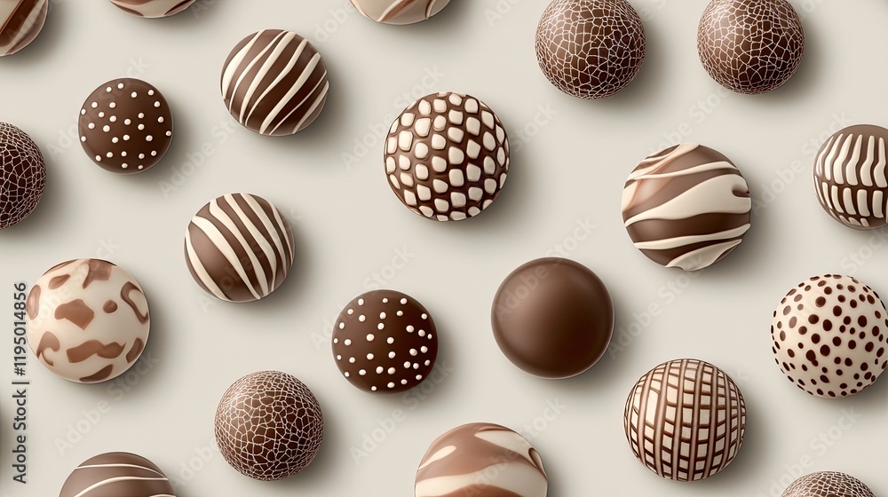 Poster high-end chocolate pralines in geometric patterns, isolated on a smooth grey background, perfect for